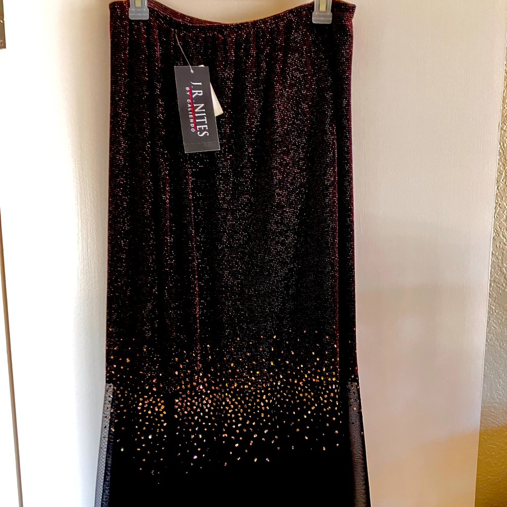 NWT J.R. Nites by Caliendo long black skirt with copper accents. Size 14
